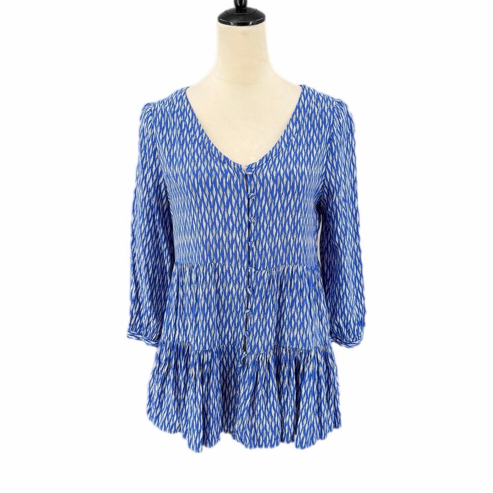 Maeve Anthropologie Blue White Pattern Tiered Cottagecore Button Up Boho Blouse